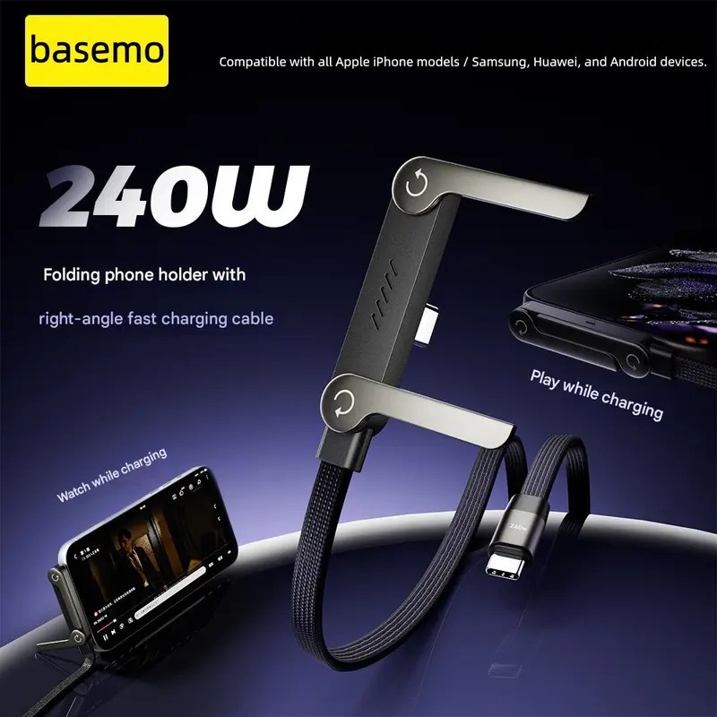 Basemo Invisible Holder Charger Cable with Stand, 240w super fast charging 2-in-1 Fast Charging Cord & Phone Stand for Gaming