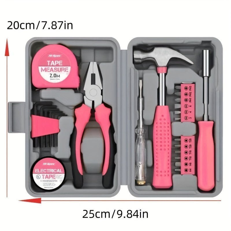 1 Set 24 In 1 Multifunctional Home Repair Hand Tool Set. Pliers. Tape Measure. Hammer Wrench. Screwdriver. Pink Hardware With Toolbox father-s day gift